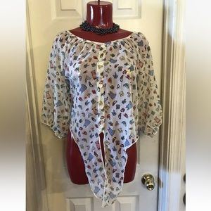 LASHES Women's -size Large L -Crop Top  - Tie Front -Sheer Chiffon- Blouse